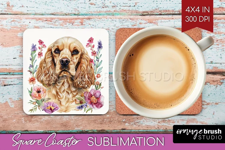 Floral Dog Square Coaster - Flowers Coaster PNG Sublimation