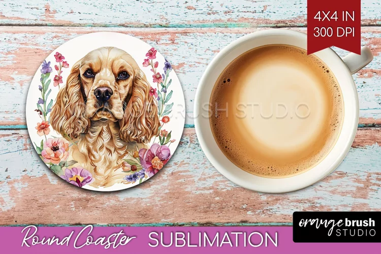 Floral Dog Round Coaster - Flowers Coaster PNG Sublimation