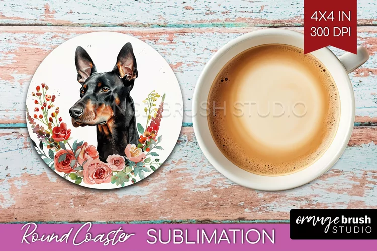 Floral Dog Round Coaster - Flowers Coaster PNG Sublimation