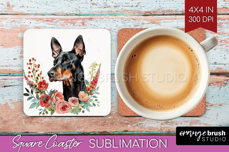 Floral Dog Square Coaster - Flowers Coaster PNG Sublimation