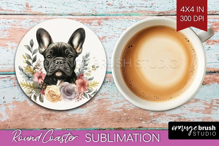 Floral Dog Round Coaster - Flowers Coaster PNG Sublimation