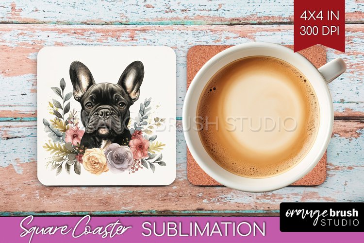 Floral Dog Square Coaster - Flowers Coaster PNG Sublimation example image 1