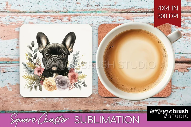 Floral Dog Square Coaster - Flowers Coaster PNG Sublimation