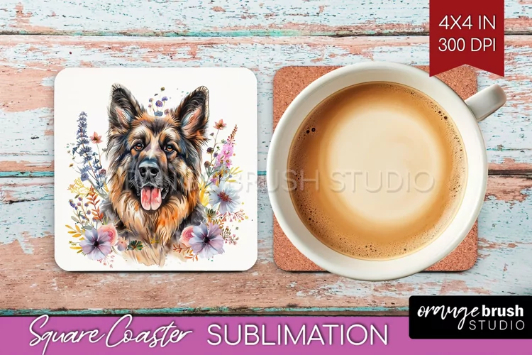 Floral Dog Square Coaster - Flowers Coaster PNG Sublimation