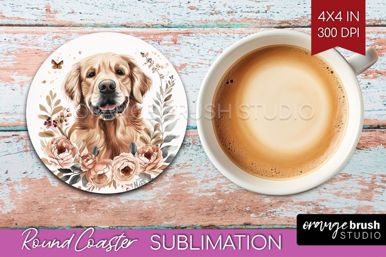 Floral Dog Round Coaster - Flowers Coaster PNG Sublimation example image 1