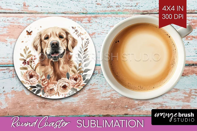 Floral Dog Round Coaster - Flowers Coaster PNG Sublimation