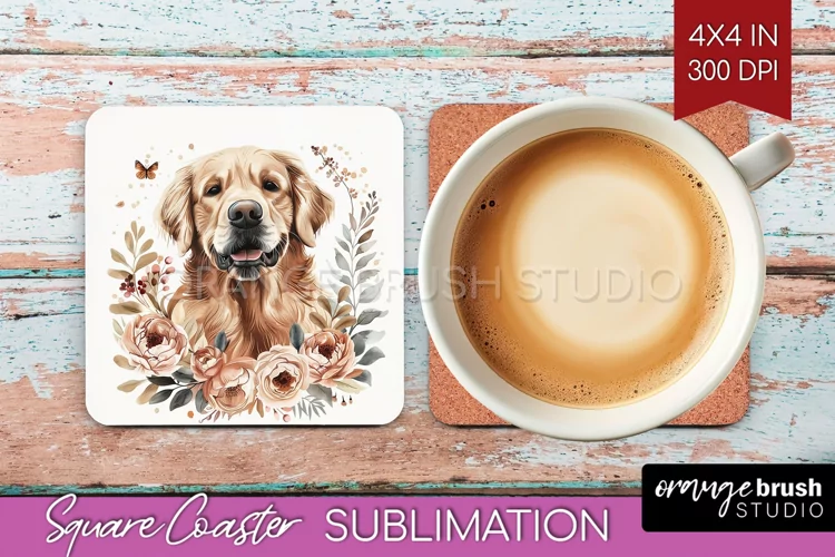 Floral Dog Square Coaster - Flowers Coaster PNG Sublimation