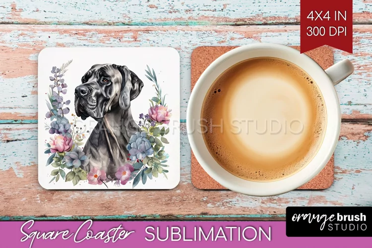 Floral Dog Square Coaster - Flowers Coaster PNG Sublimation