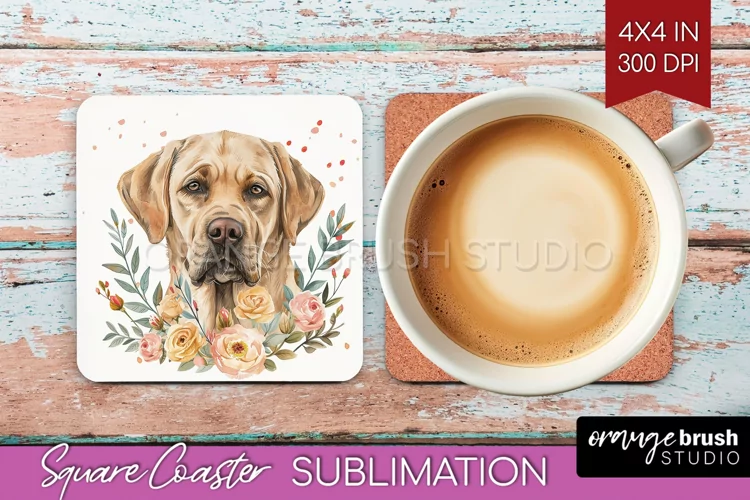 Floral Dog Square Coaster - Flowers Coaster PNG Sublimation