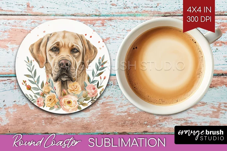 Floral Dog Round Coaster - Flowers Coaster PNG Sublimation