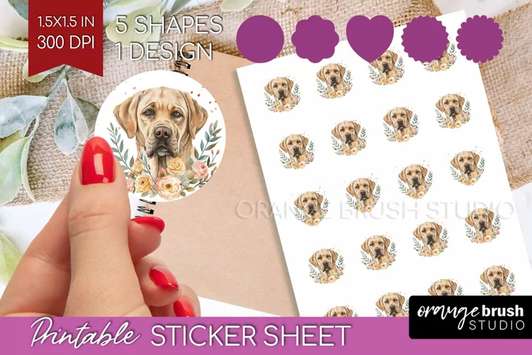 Floral Dog Round Sticker - Flowers Printable Sticker Sheet