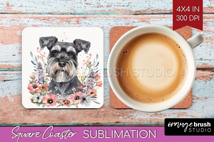 Floral Dog Square Coaster - Flowers Coaster PNG Sublimation example image 1