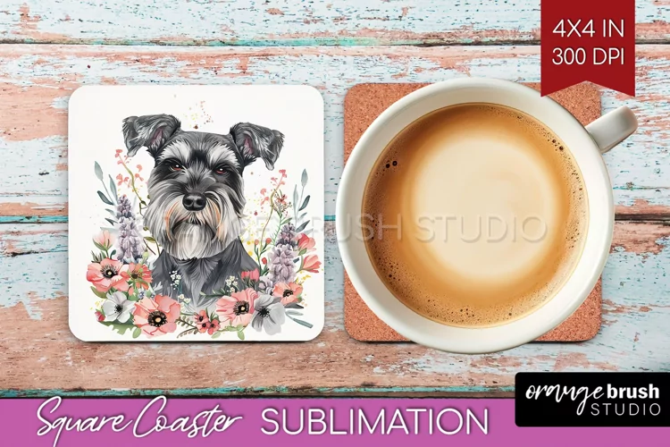 Floral Dog Square Coaster - Flowers Coaster PNG Sublimation