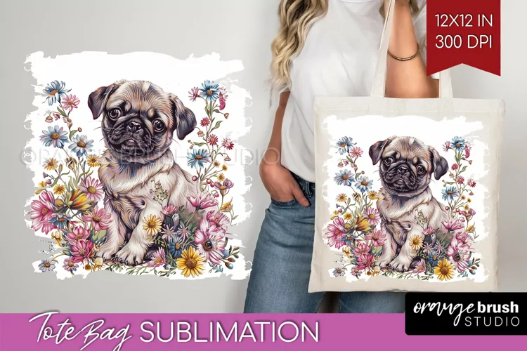 Floral Dog Tote Bag - Flowers Tote Bag PNG Sublimation