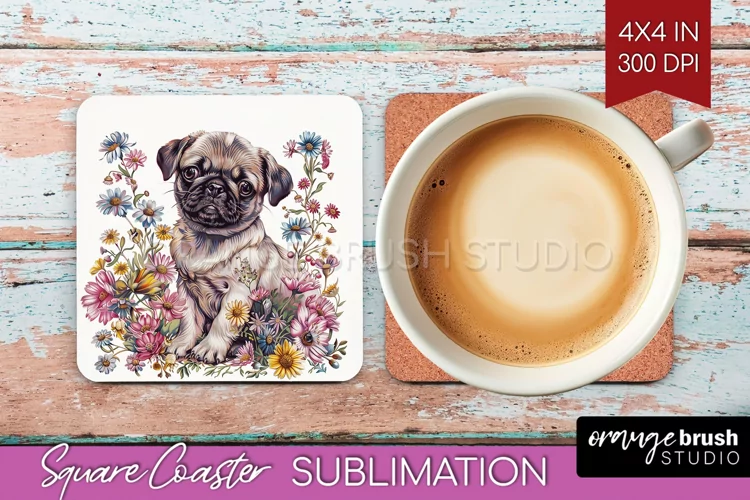 Floral Dog Square Coaster - Flowers Coaster PNG Sublimation