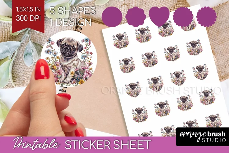 Floral Dog Round Sticker - Flowers Printable Sticker Sheet