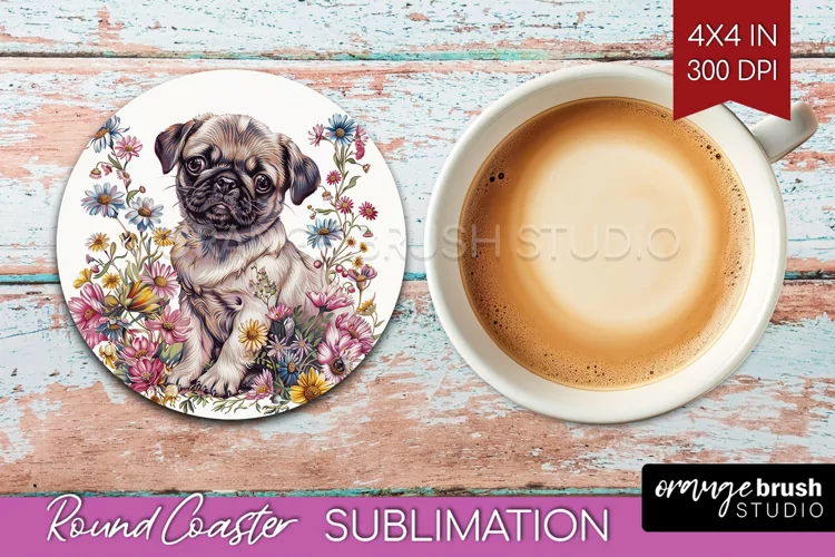 Floral Dog Round Coaster - Flowers Coaster PNG Sublimation