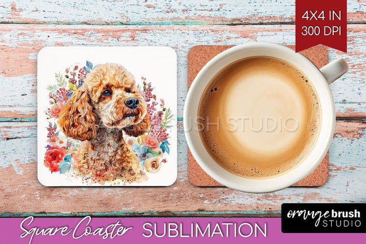 Floral Dog Square Coaster - Flowers Coaster PNG Sublimation example image 1