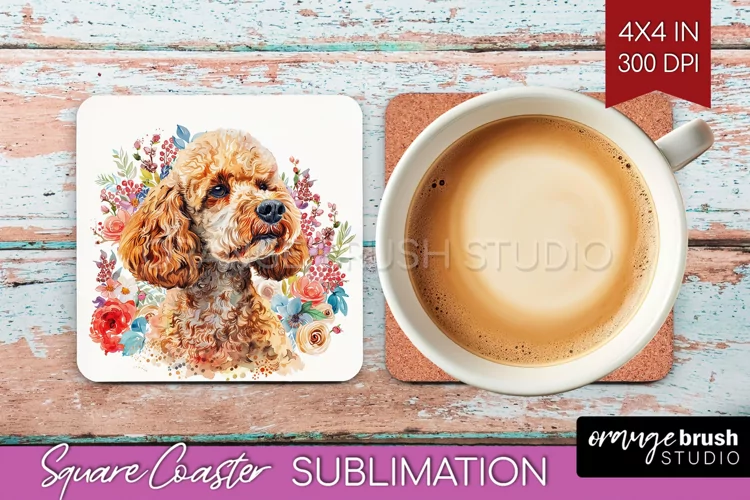 Floral Dog Square Coaster - Flowers Coaster PNG Sublimation
