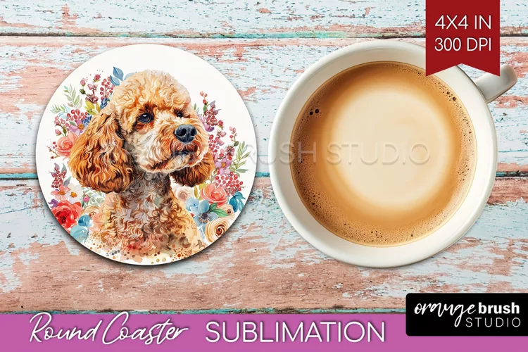 Floral Dog Round Coaster - Flowers Coaster PNG Sublimation