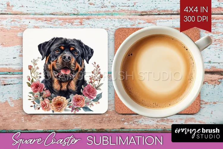 Floral Dog Square Coaster - Flowers Coaster PNG Sublimation