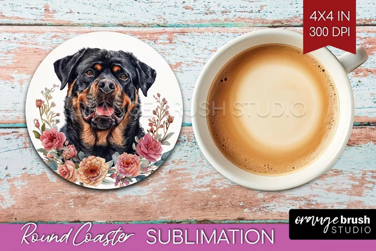 Floral Dog Round Coaster - Flowers Coaster PNG Sublimation