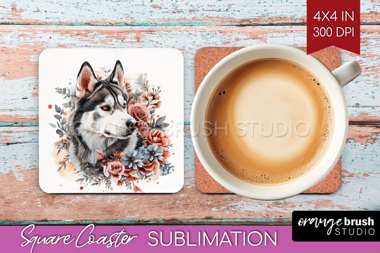 Floral Dog Square Coaster - Flowers Coaster PNG Sublimation example image 1
