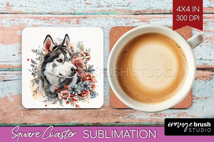 Floral Dog Square Coaster - Flowers Coaster PNG Sublimation