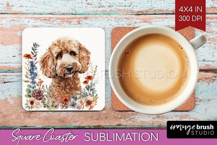 Floral Dog Square Coaster - Flowers Coaster PNG Sublimation