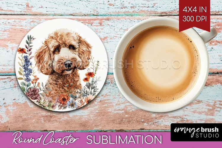 Floral Dog Round Coaster - Flowers Coaster PNG Sublimation