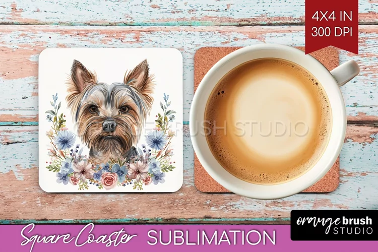 Floral Dog Square Coaster - Flowers Coaster PNG Sublimation