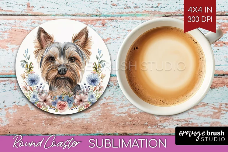 Floral Dog Round Coaster - Flowers Coaster PNG Sublimation