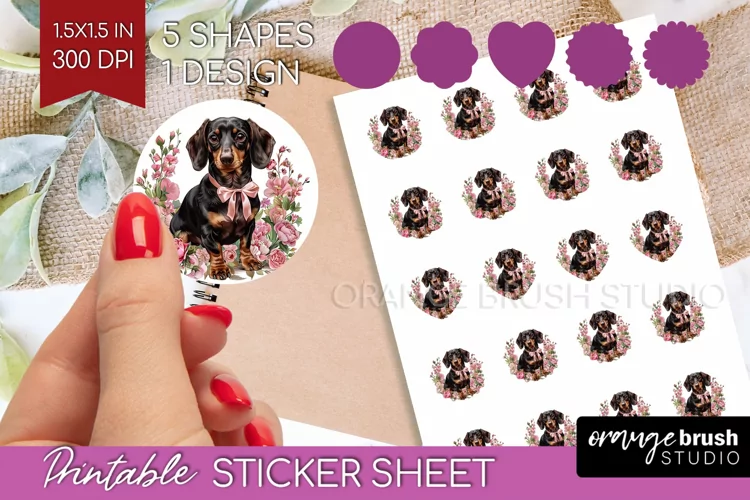 Floral Dog Round Sticker - Flowers Printable Sticker Sheet