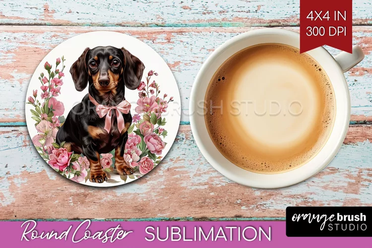 Floral Dog Round Coaster - Flowers Coaster PNG Sublimation