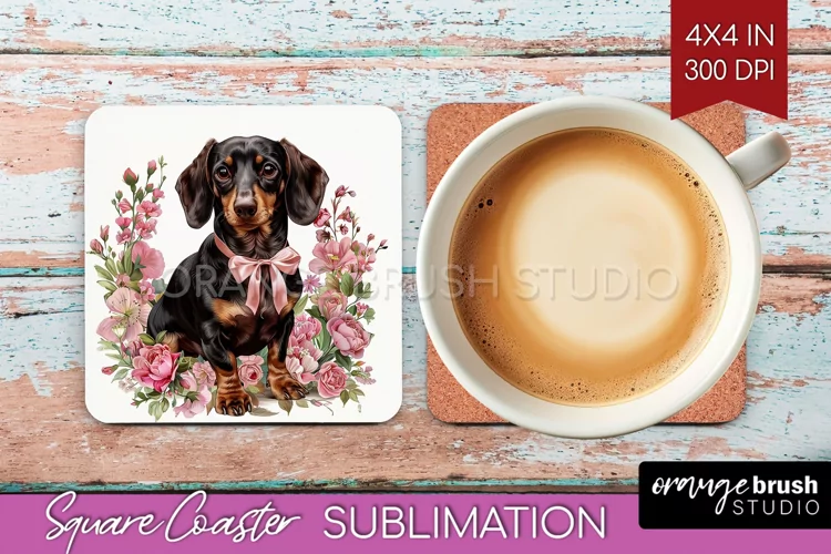Floral Dog Square Coaster - Flowers Coaster PNG Sublimation