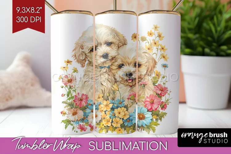 Floral Dog Tumbler Wrap - Flowers Tumbler PNG Sublimation