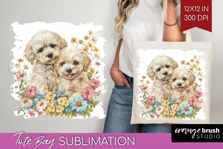 Floral Dog Tote Bag - Flowers Tote Bag PNG Sublimation