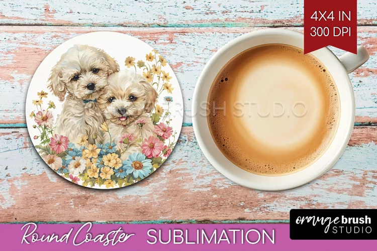 Floral Dog Round Coaster - Flowers Coaster PNG Sublimation