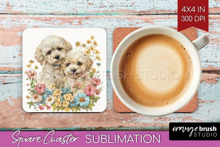 Floral Dog Square Coaster - Flowers Coaster PNG Sublimation