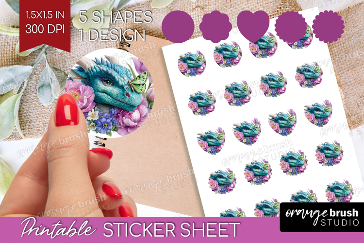 Floral Dragon Round Sticker - Fantasy Printable Sticker