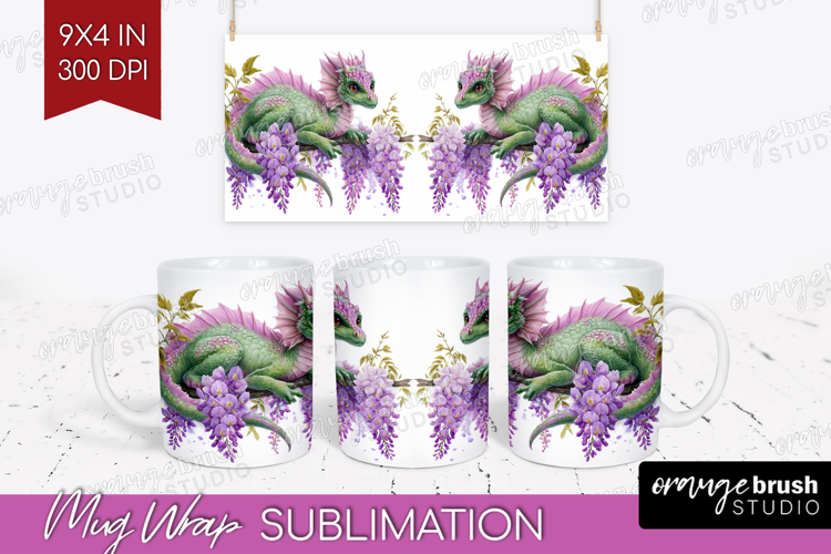 Floral Dragon Mug Wrap - Fantasy Mug PNG Sublimation
