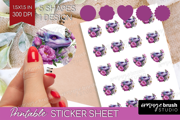 Floral Dragon Round Sticker - Fantasy Printable Sticker