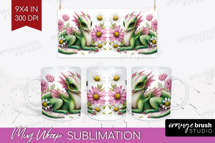 Floral Dragon Mug Wrap - Fantasy Mug PNG Sublimation