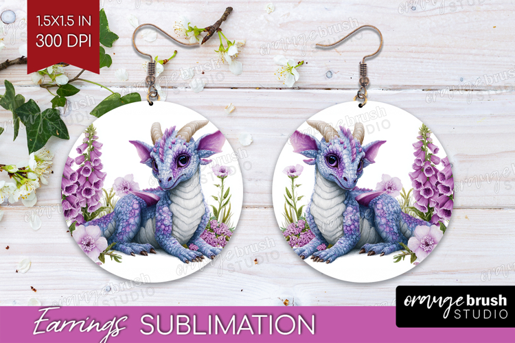 Floral Dragon Round Earrings - Fantasy PNG Sublimation