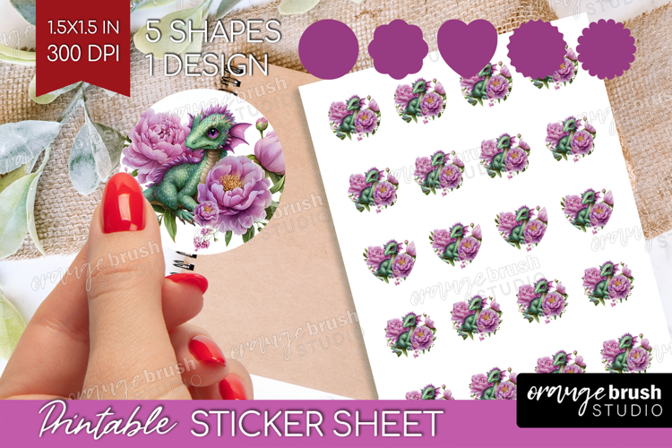 Floral Dragon Round Sticker - Fantasy Printable Sticker