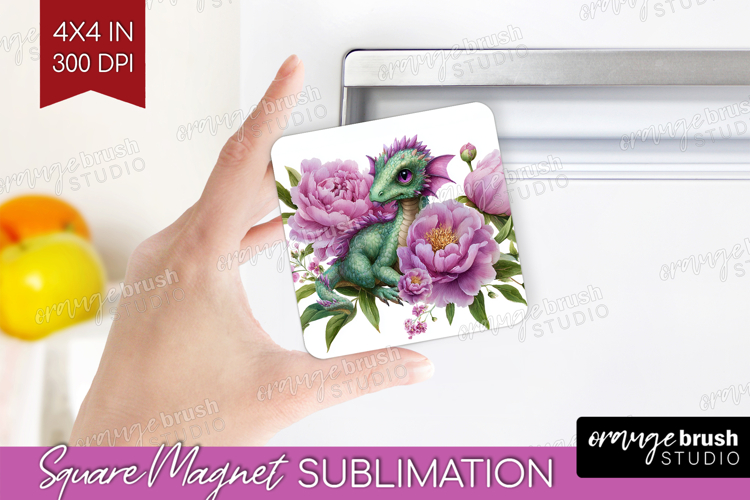 Floral Dragon Magnet Sublimation - Fantasy Square Magnet PNG