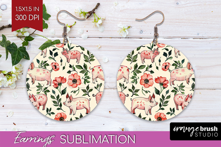 Floral Animals Round Earrings - Farm Animals PNG Sublimation