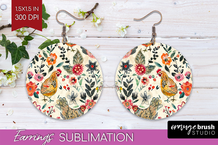 Floral Animals Round Earrings - Farm Animals PNG Sublimation