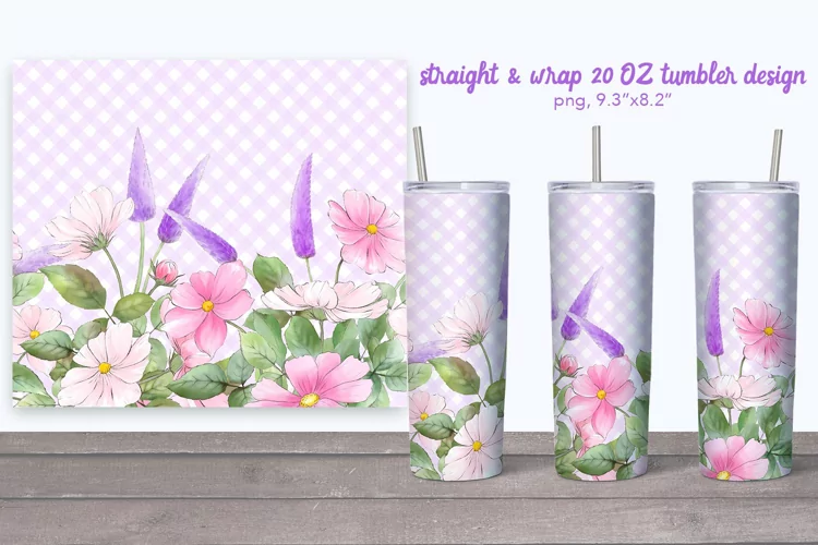 Tumbler with pink wildflowers and plaid back| Summer tumbler