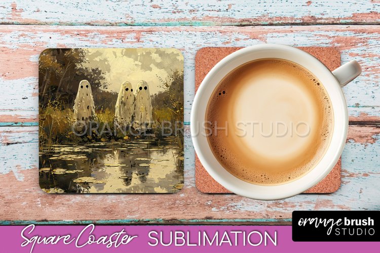 Ghost Coaster - Halloween Square Coaster Sublimation Design